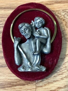 Vintage Catholic St. Christopher visor clip or pendant for protection in travel.
